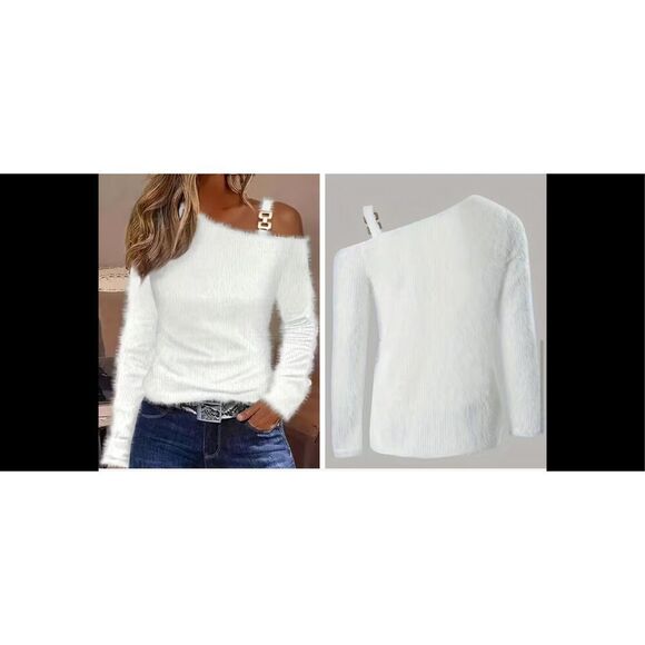 White fluffy slanted shoulder knit sweater one shoulder open with chain link str - Picture 4 of 9